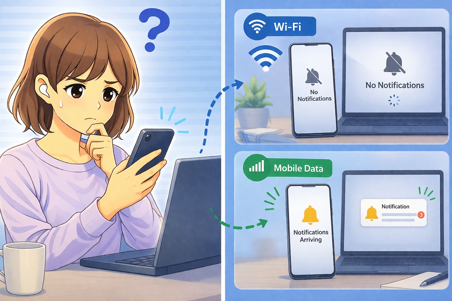 Wi-Fi接続時は通知が表示されずモバイル通信では通知が届いている状態を確認して悩んでいる女性のイラスト