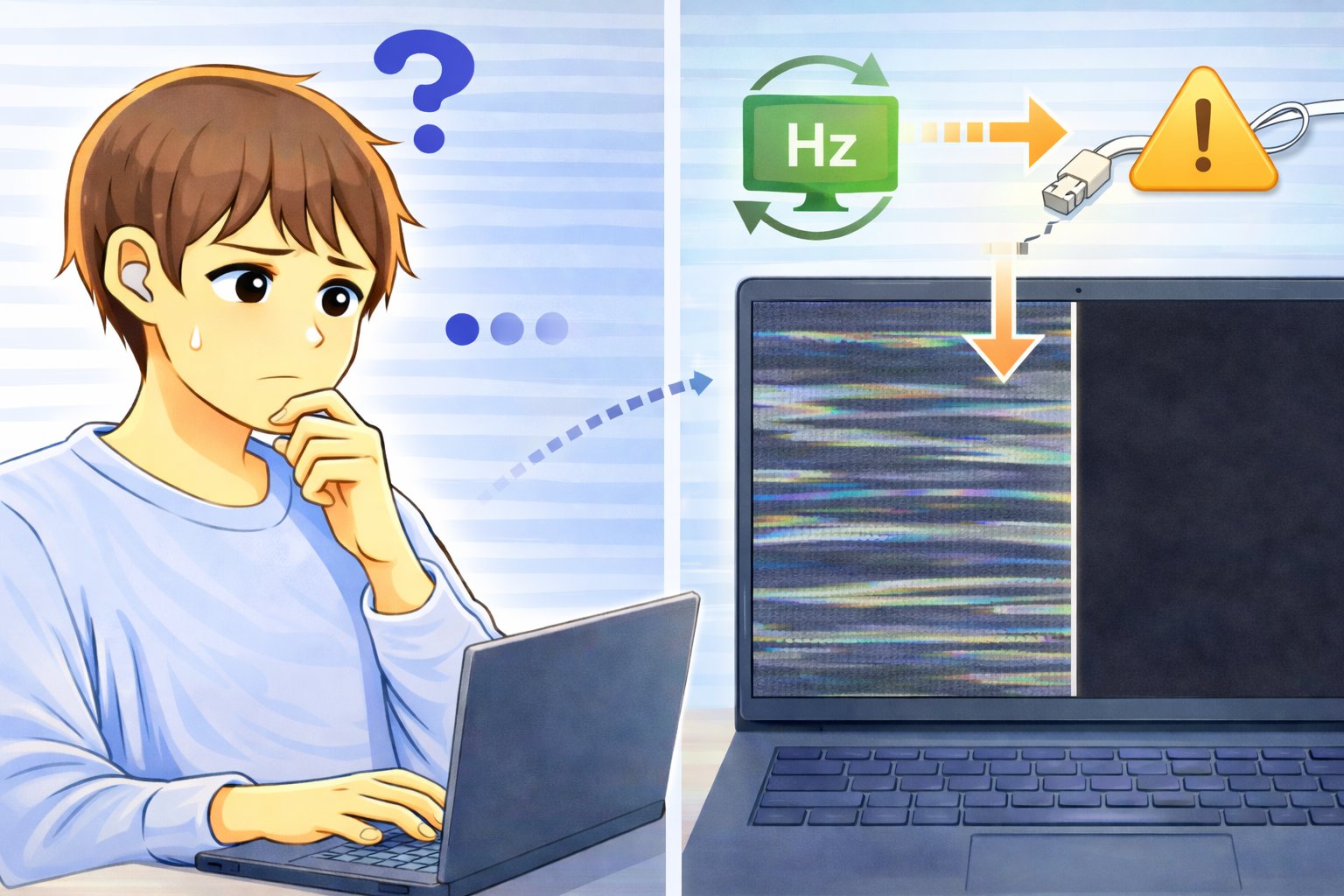 画面がチラついたり点滅するPCと、リフレッシュレートや接続状態を考えて悩む男性のイラスト