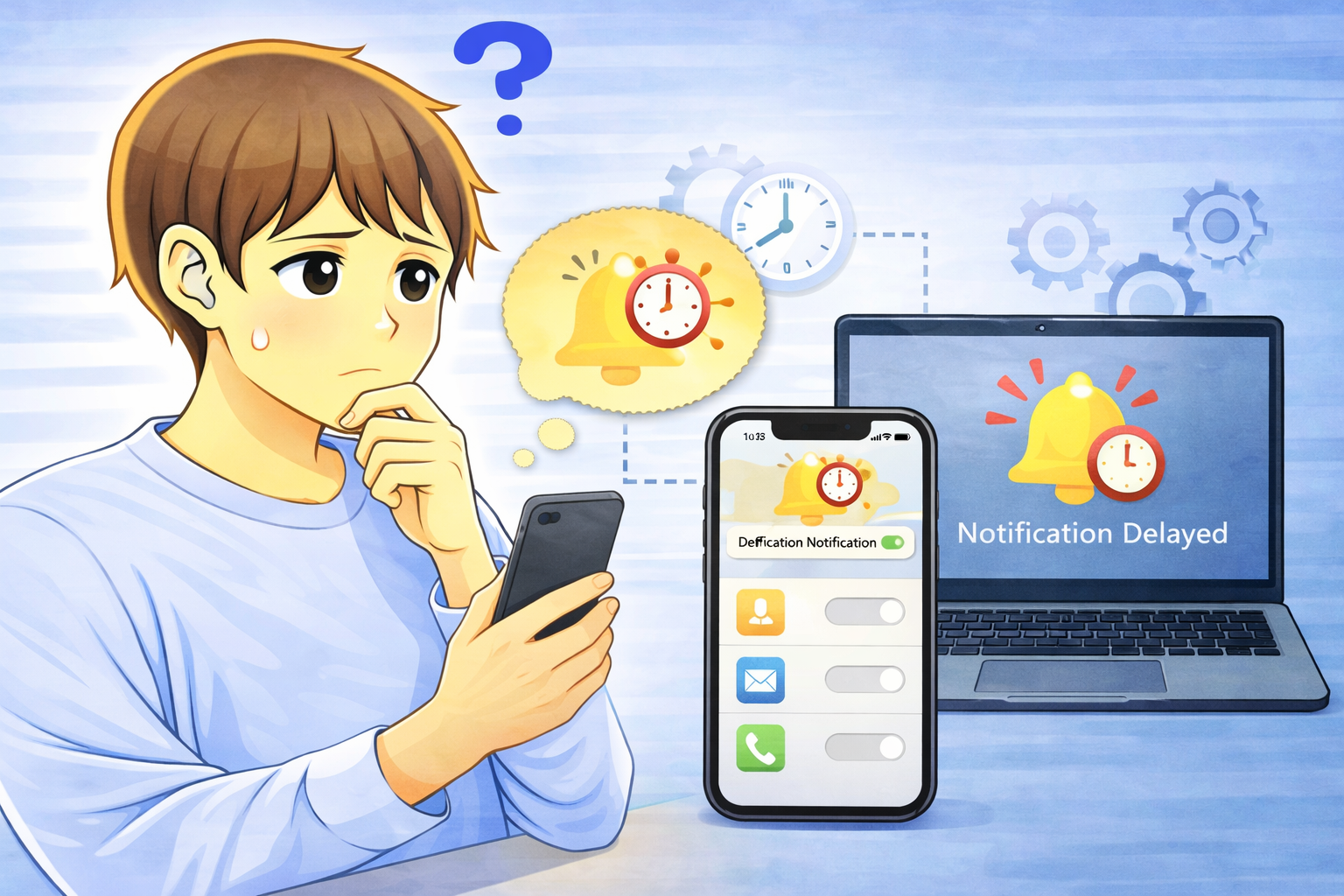 PCやスマホで通知が届かず遅延している状態を示すイラスト
