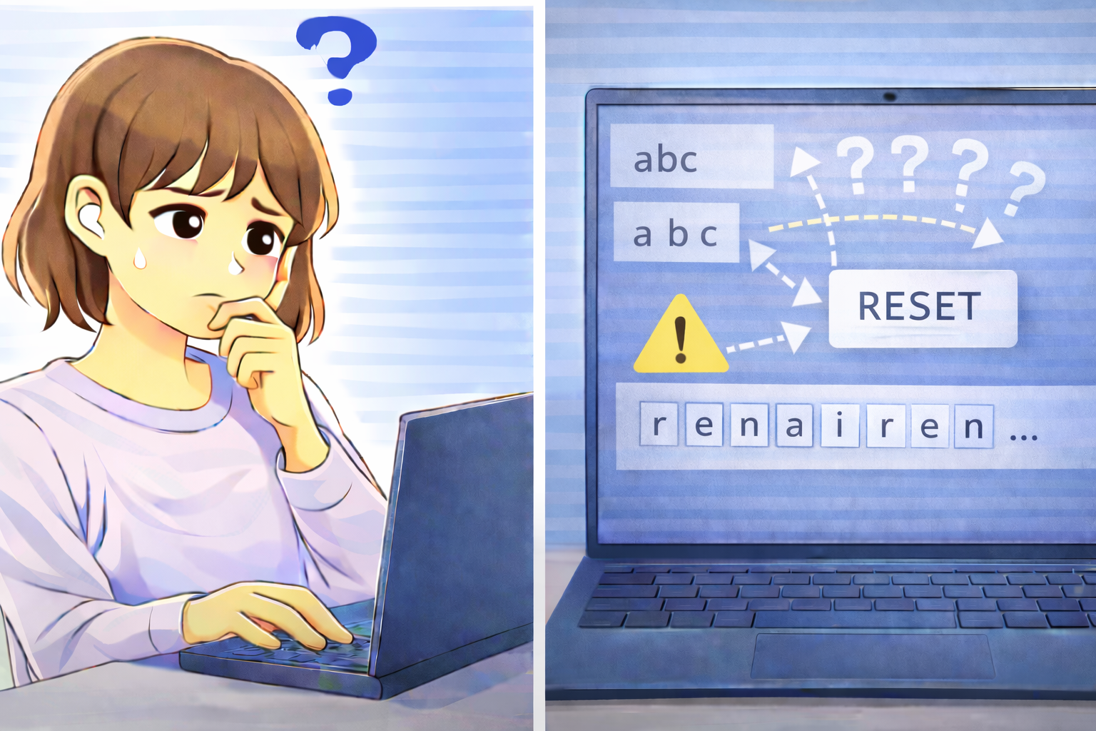 文字入力中に入力方式が初期状態に戻り、入力内容や入力方法がリセットされたように見えるパソコン画面を前に困っている女性のイラスト