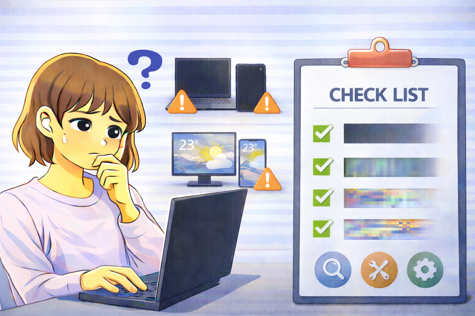 PCやスマホの画面が映らない・乱れる・色がおかしいなど複数の表示トラブルをまとめて示したイラスト