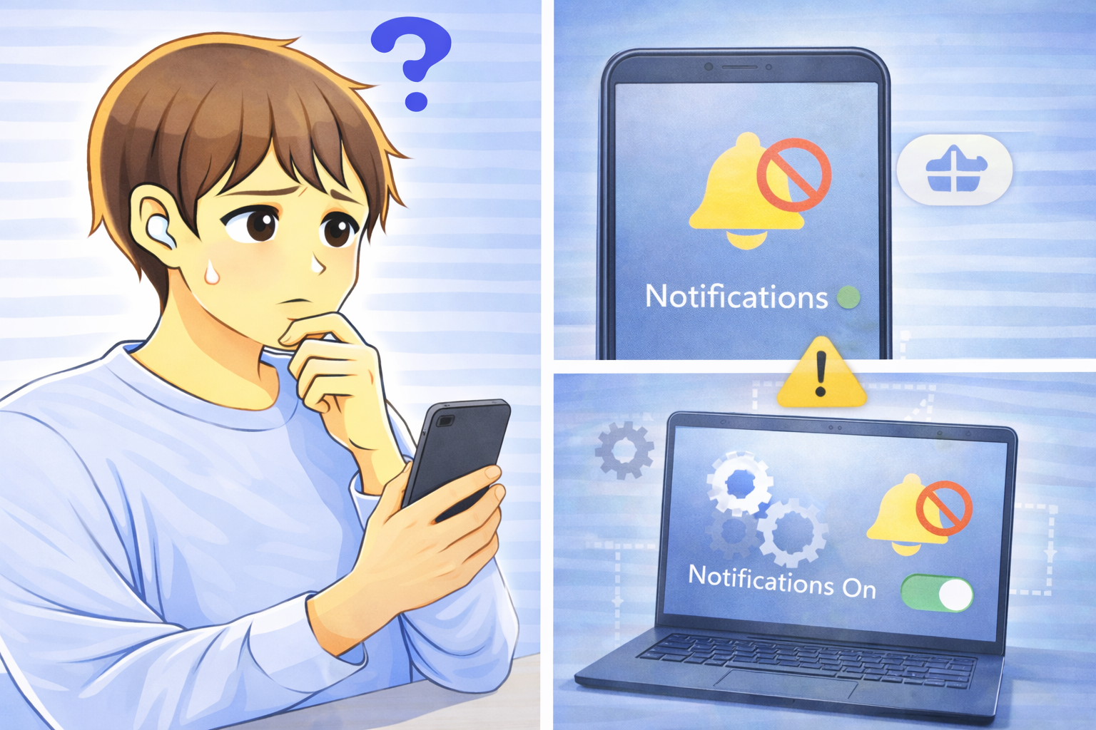 PCやスマホで通知設定がオンにもかかわらず通知が届かない状態を示すイラスト