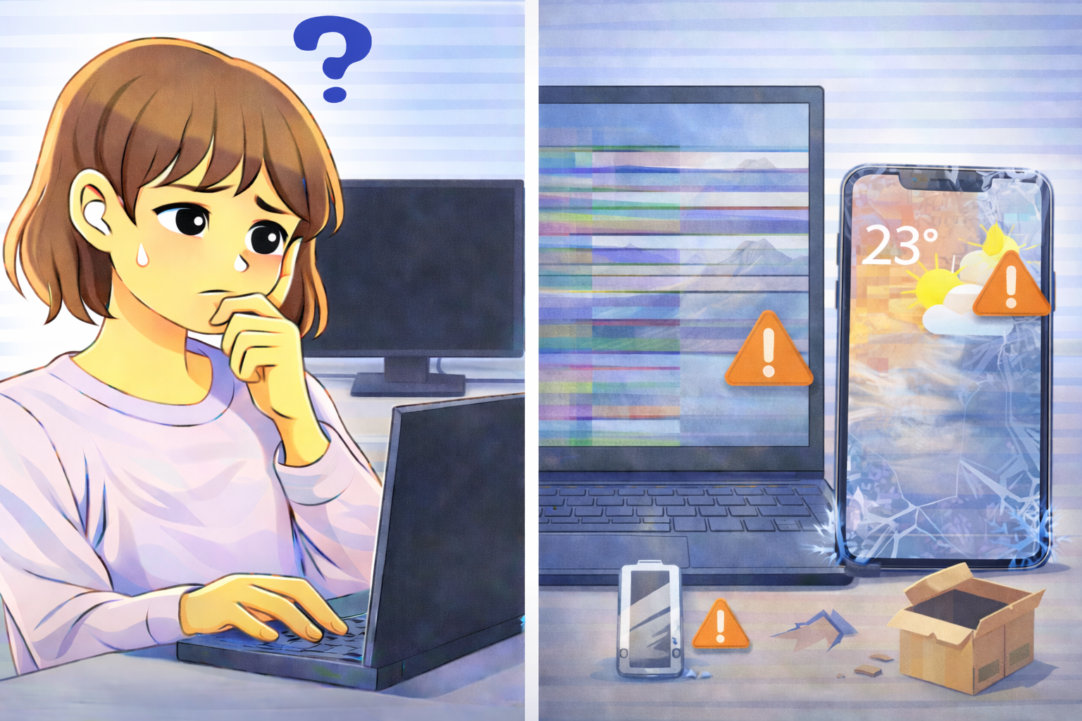 PCやスマホで表示トラブルが繰り返し発生し、画面表示が安定しない状態を表したイラスト